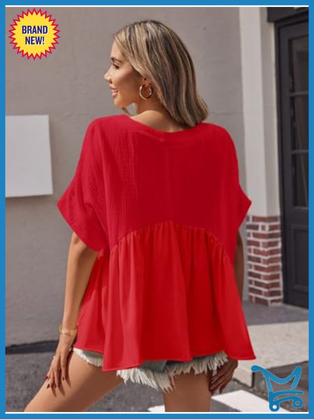 Womens Peplum Babydoll Top Summer Short Sleeve Pleated Flowy V Neck Blouse - Picture 4 of 6